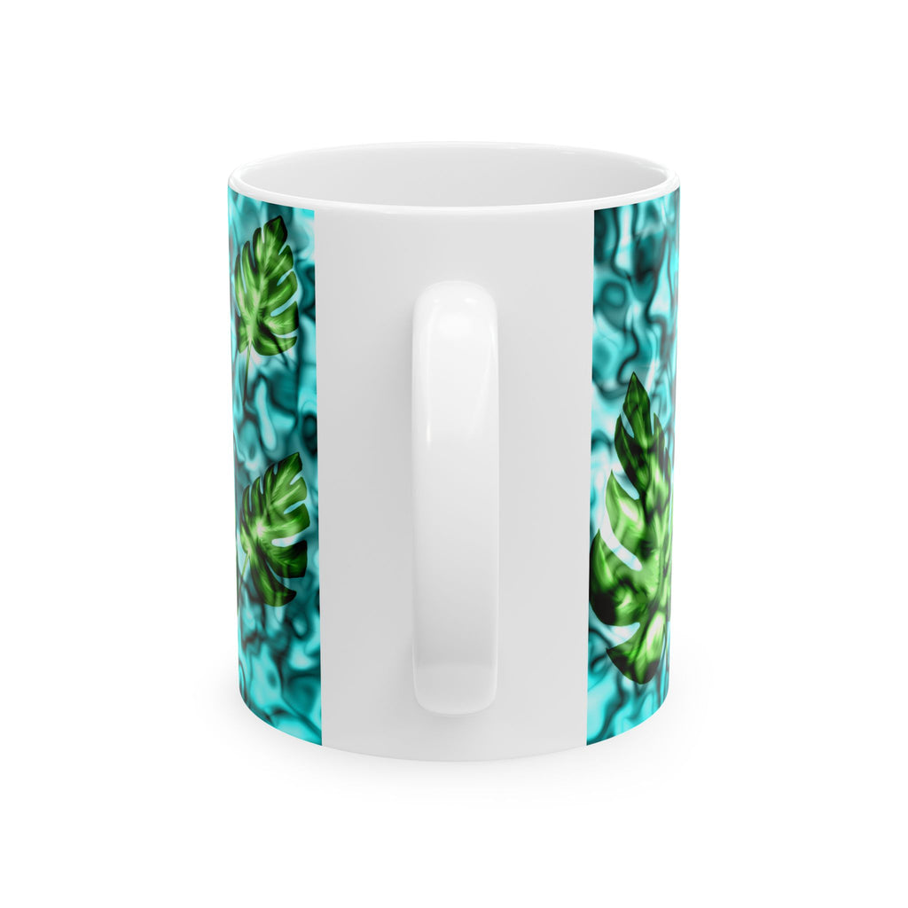 Tropical Monstera Ceramic Mug - Blue Water Pattern, 11oz & 15oz