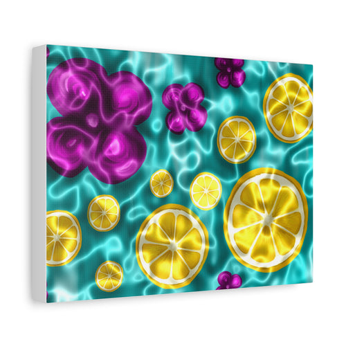 Citrus Pool Wall Art Canvas — Bright Lemon & Purple Flower Matte Print