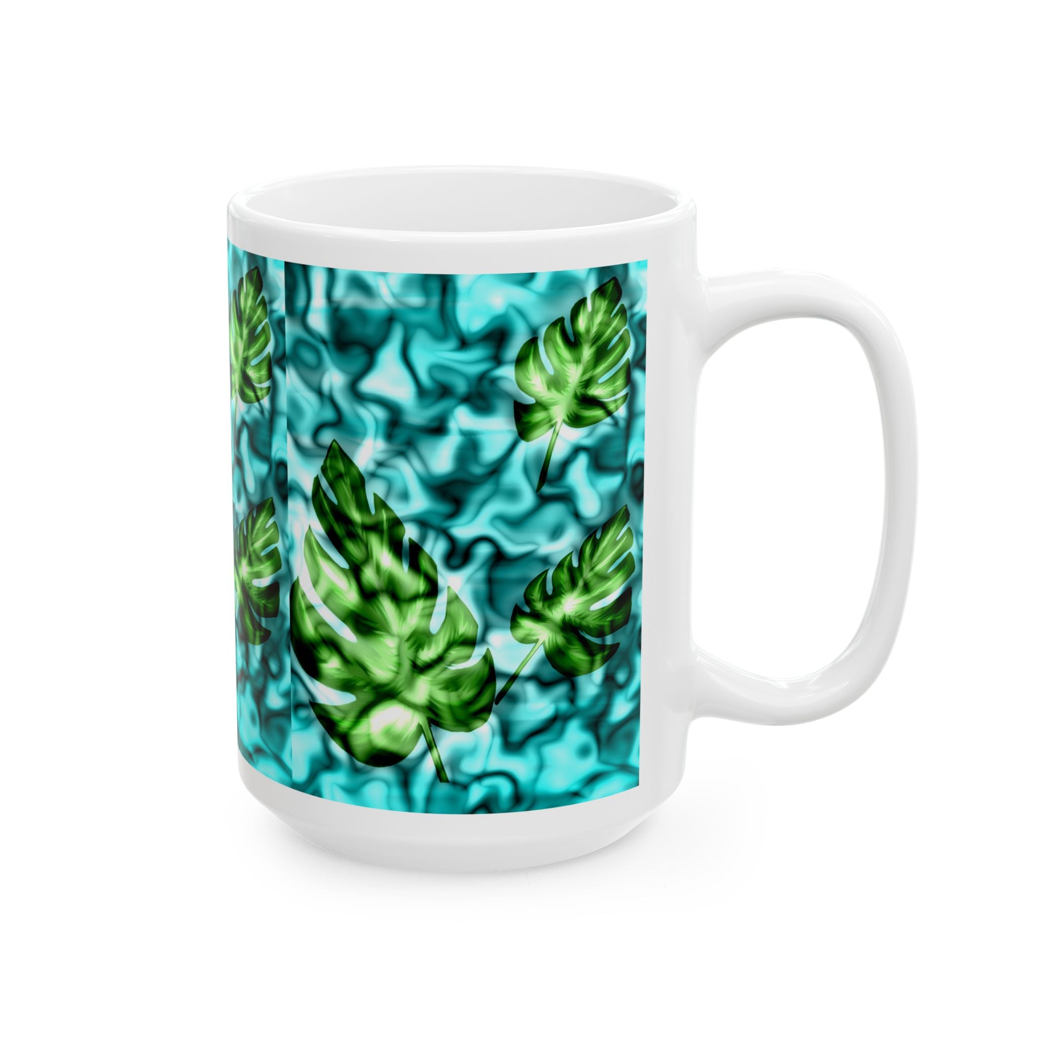 Tropical Monstera Ceramic Mug - Blue Water Pattern, 11oz & 15oz