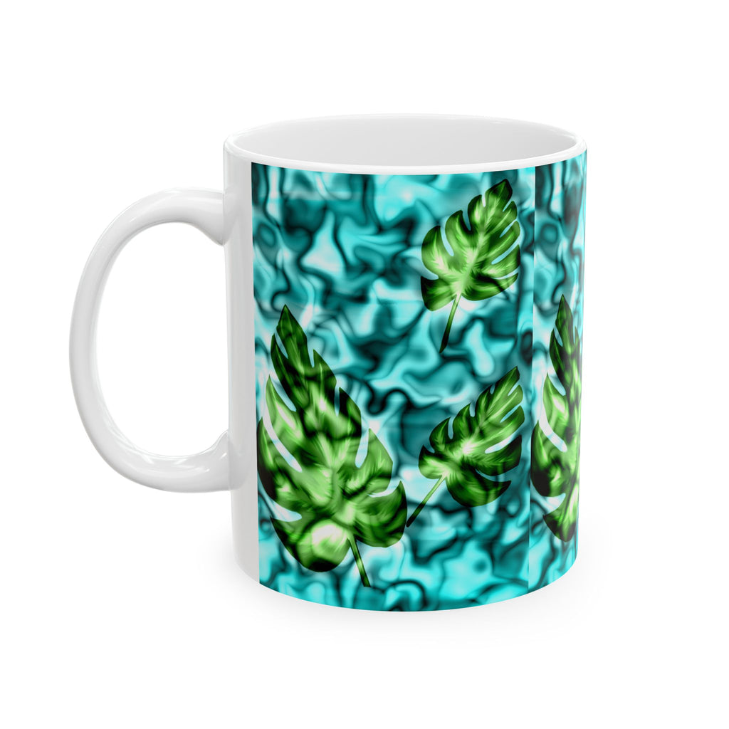 Tropical Monstera Ceramic Mug - Blue Water Pattern, 11oz & 15oz