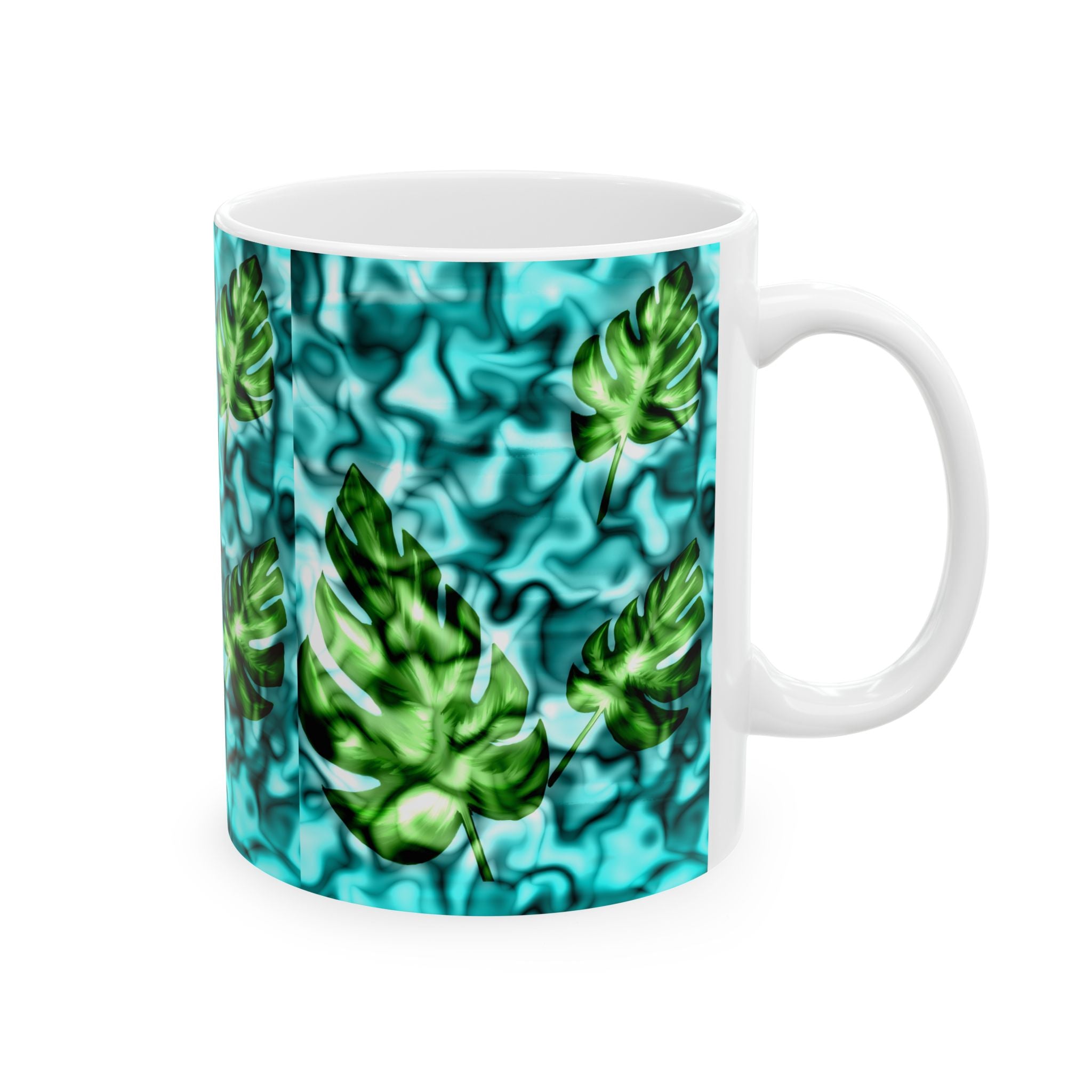 Tropical Monstera Ceramic Mug - Blue Water Pattern, 11oz & 15oz