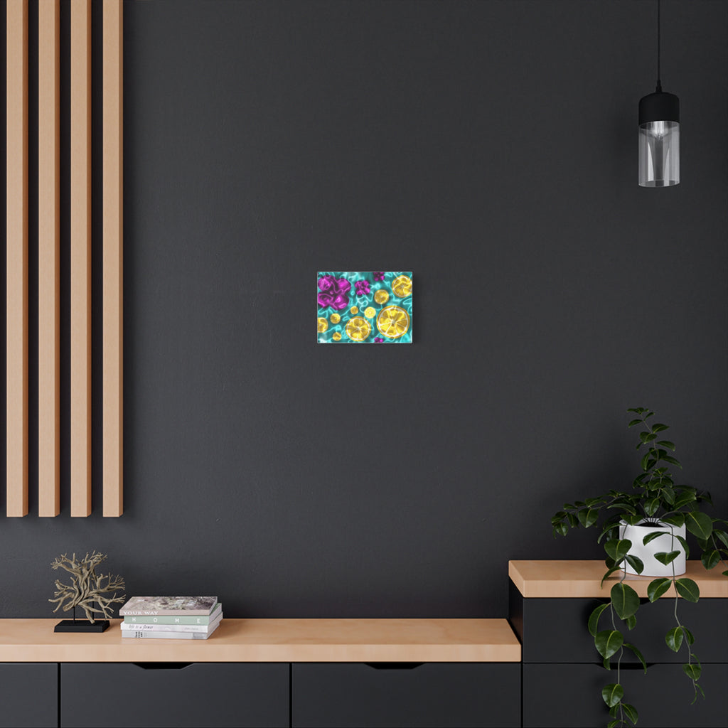 Citrus Pool Wall Art Canvas — Bright Lemon & Purple Flower Matte Print