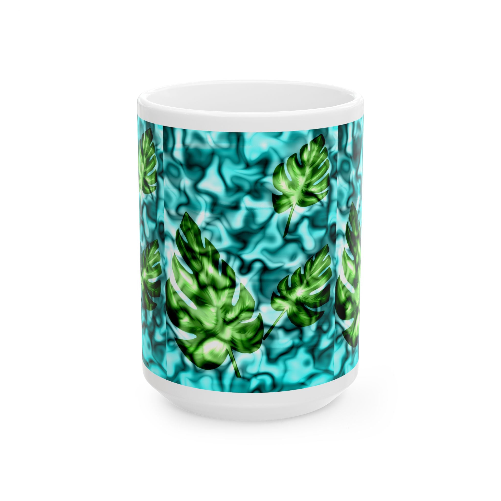 Tropical Monstera Ceramic Mug - Blue Water Pattern, 11oz & 15oz