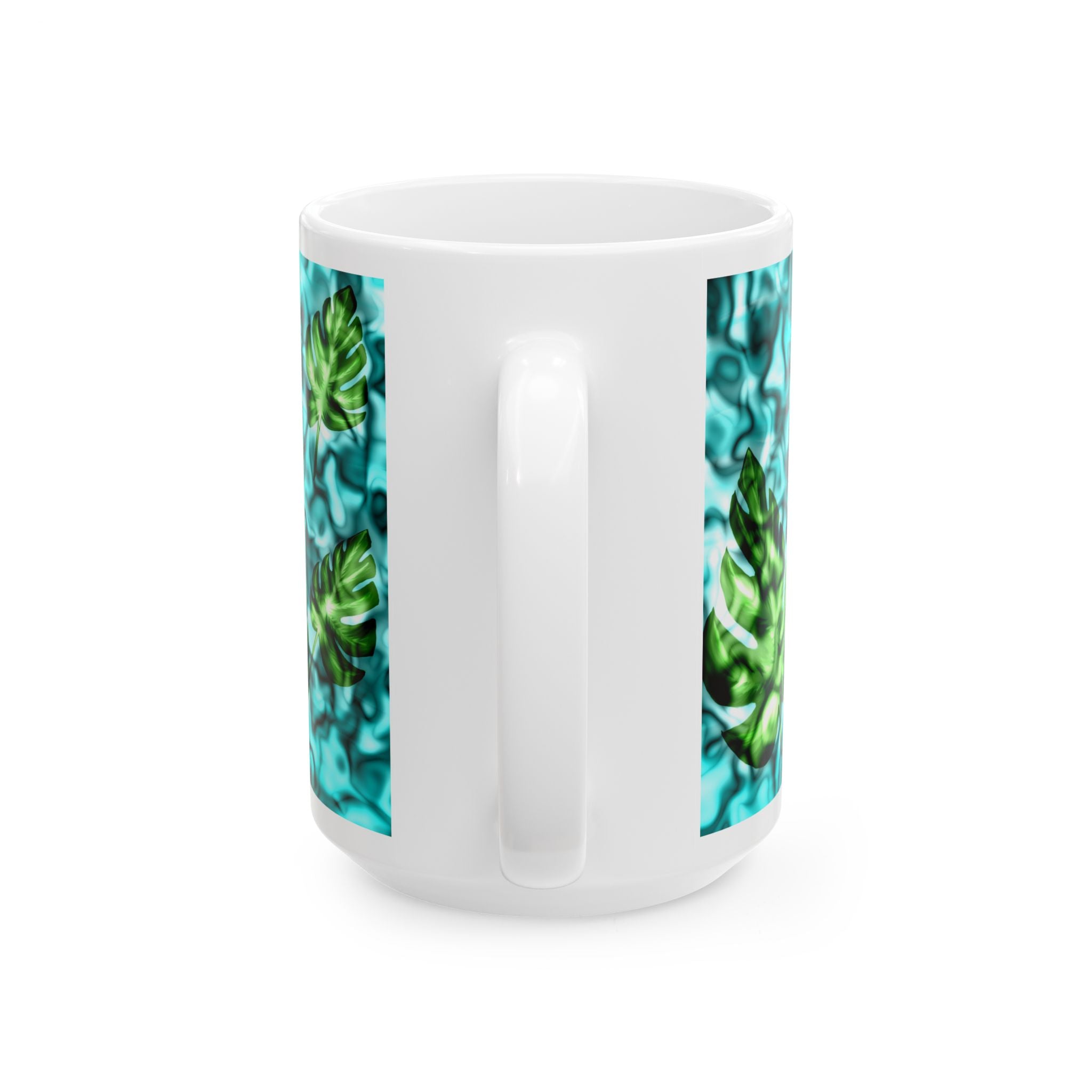 Tropical Monstera Ceramic Mug - Blue Water Pattern, 11oz & 15oz
