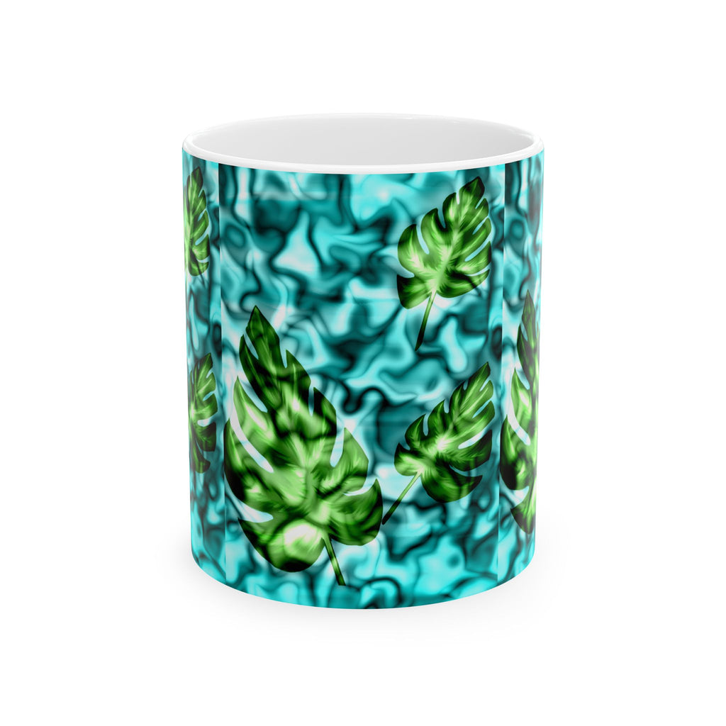 Tropical Monstera Ceramic Mug - Blue Water Pattern, 11oz & 15oz