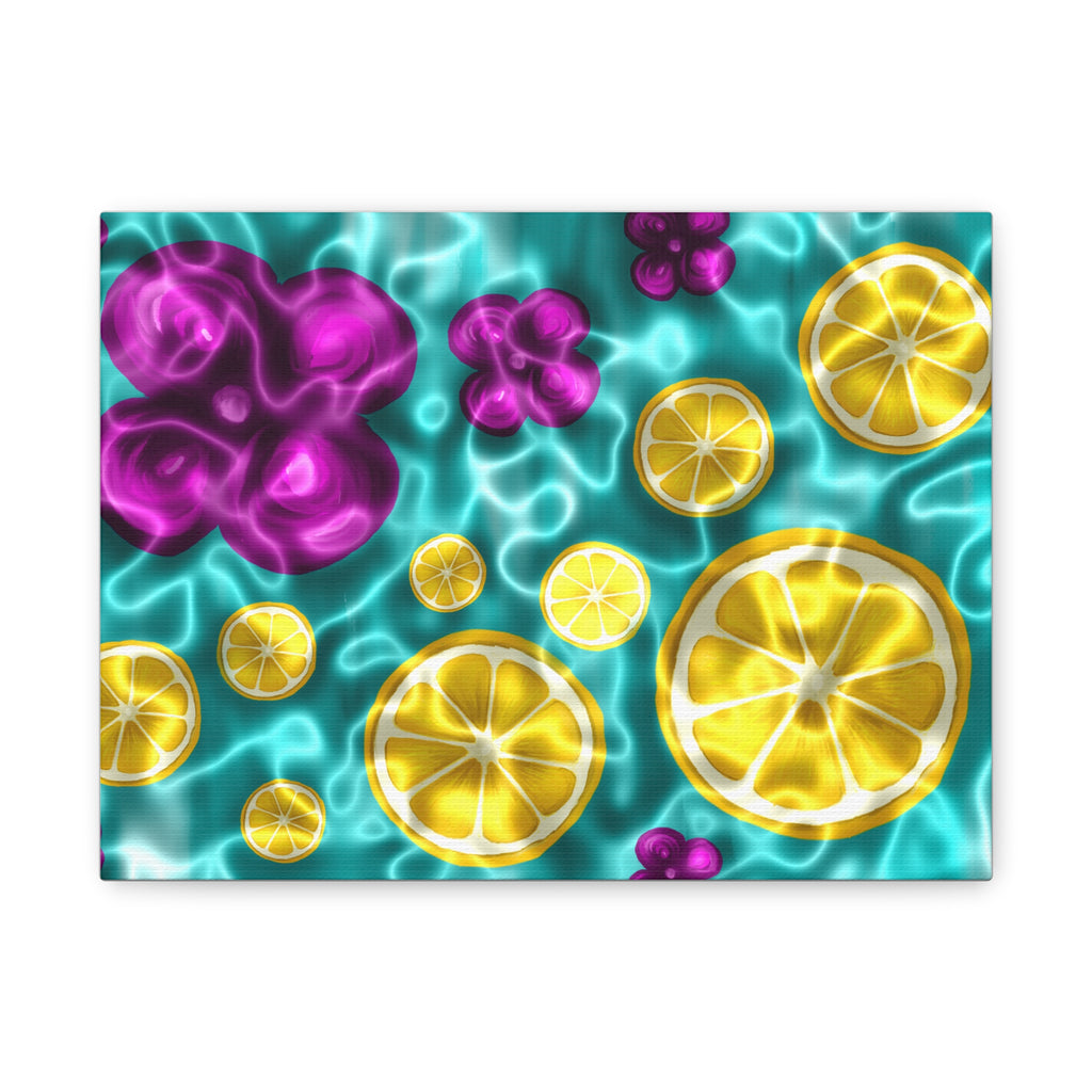 Citrus Pool Wall Art Canvas — Bright Lemon & Purple Flower Matte Print