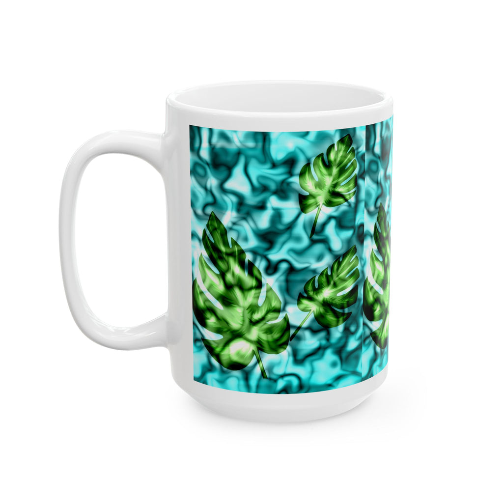 Tropical Monstera Ceramic Mug - Blue Water Pattern, 11oz & 15oz
