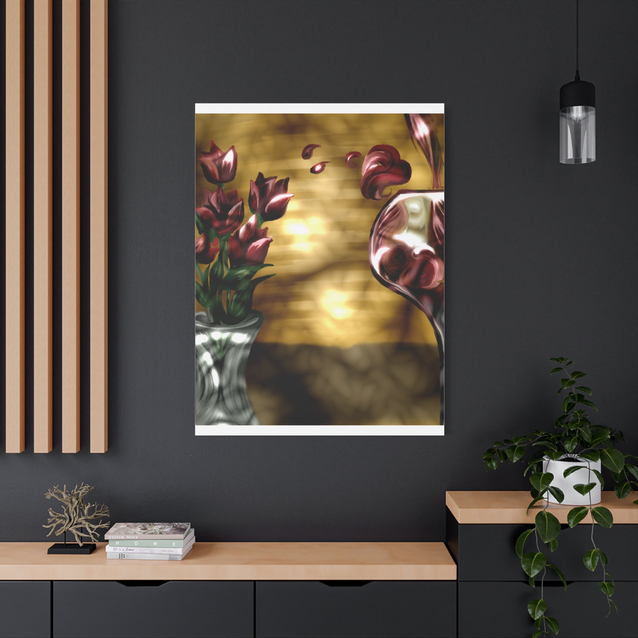 Floral Wine Art Canvas — Tulips & Glass Matte Stretched Wall Art